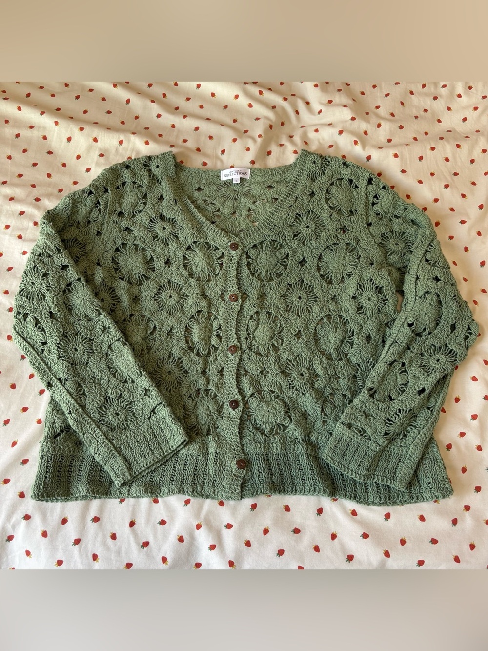 Northern Reflections Olive Green Crochet Cardigan 100% Cotton W/Large